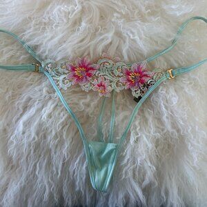 HONEY BIRDETTE AMELIE Floral Embroidered Mint Green Thong XL RARE🔥